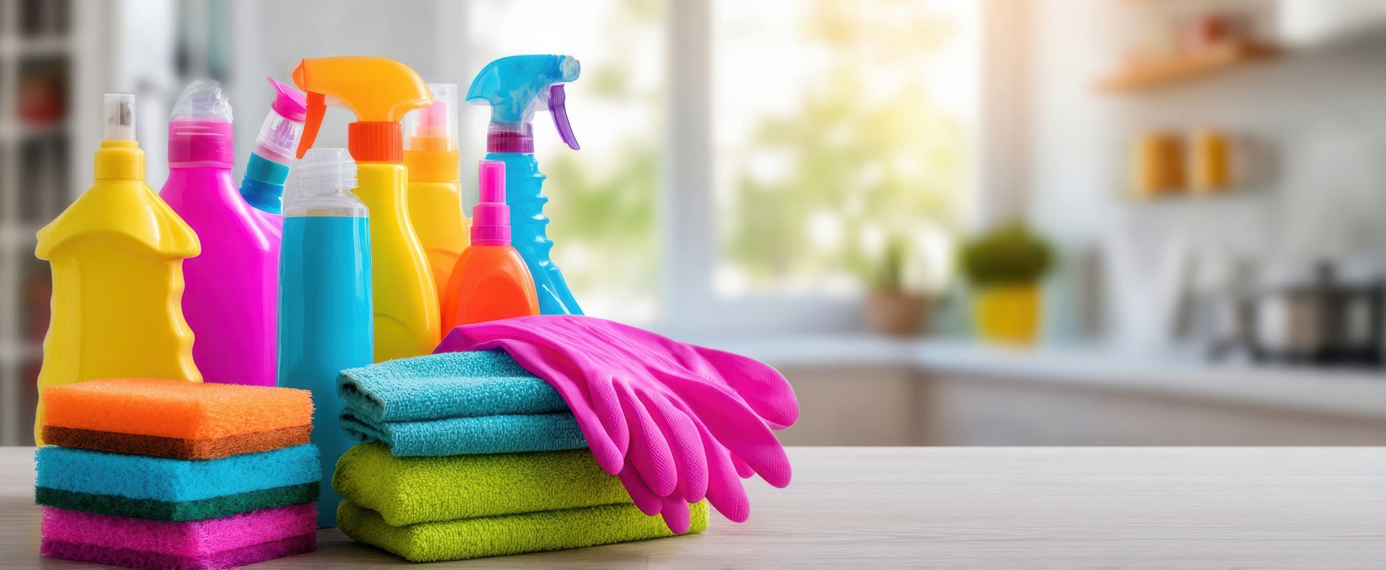 Cleaning products and cloths laid out ready for a visit