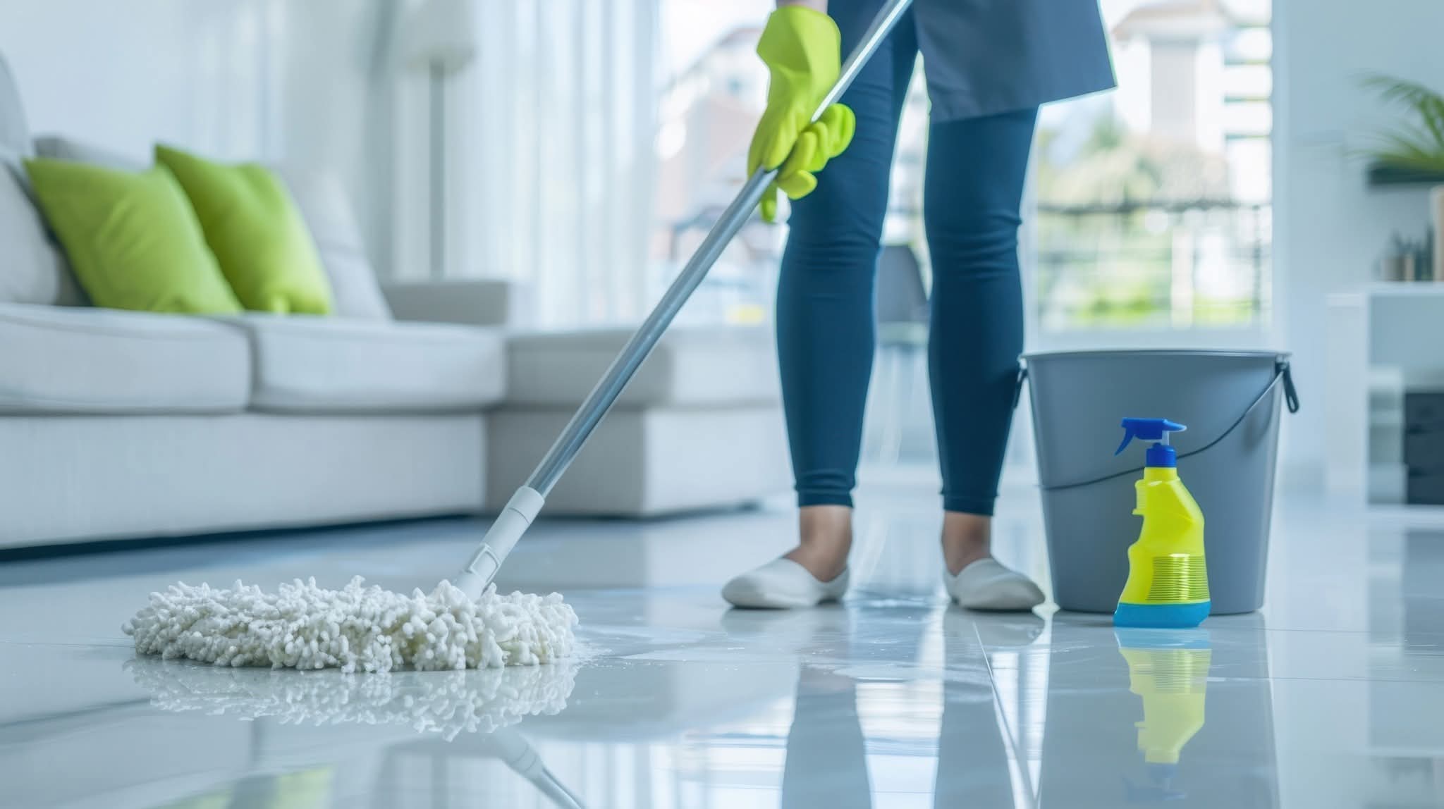 Cleaner mopping a bright living room floor