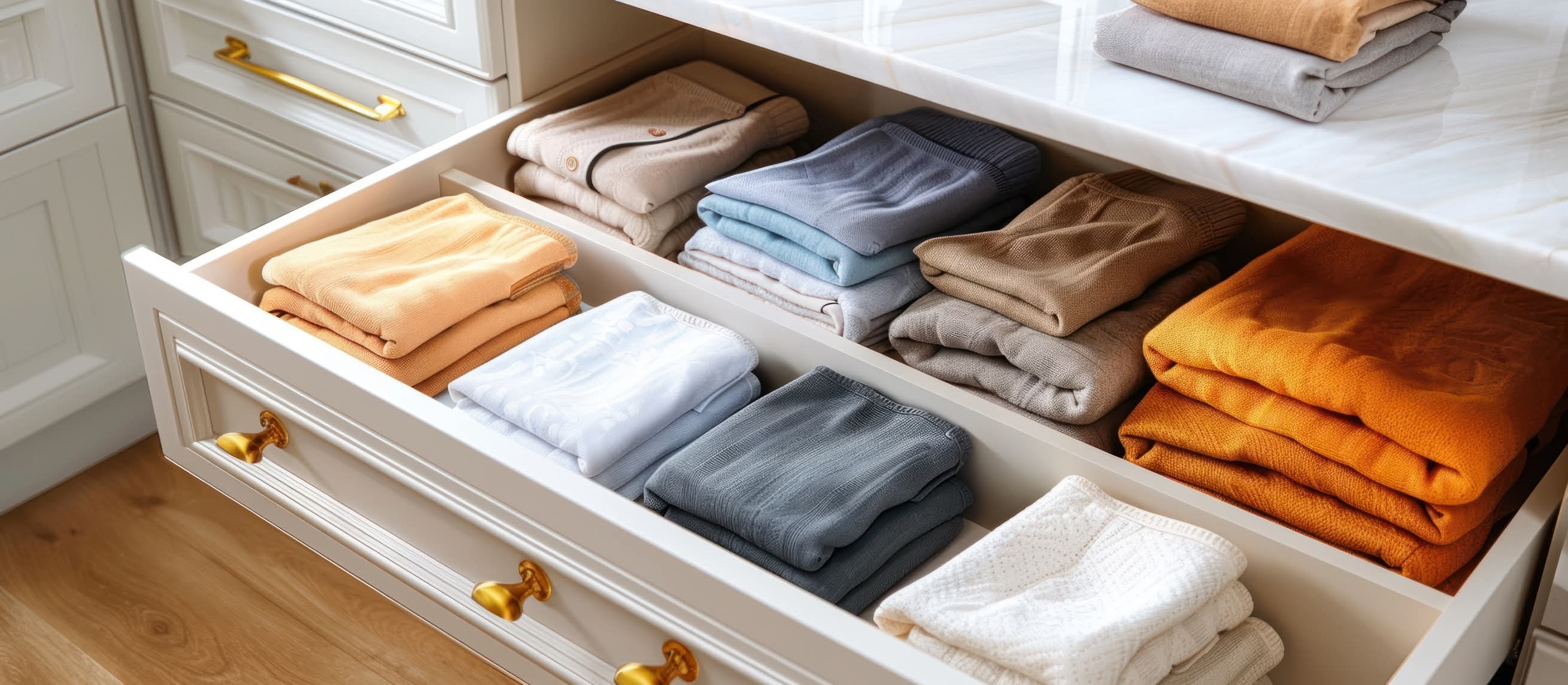 Neatly folded towels and linens in a drawer