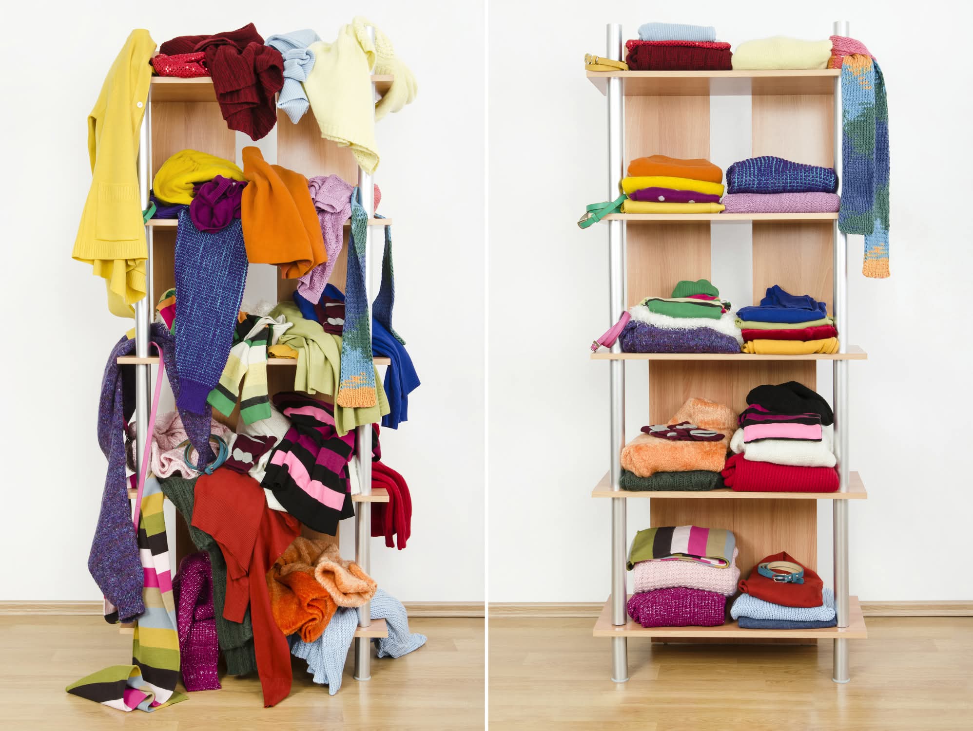 Wardrobe shelf before and after being organised